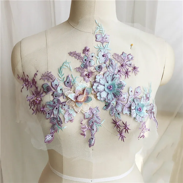 

Beaded Drilling 3D Embroidery Wedding Lace Flower Patch Performance Clothing DIY Lace accesories Applique 2Piece