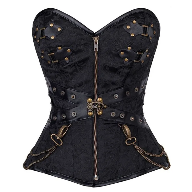 Steampunk Clothing Black Brocade Leather Corsets With Chains Sexy Punk Shapewear Slimming Belt Waist Trainer Overbust Corset Top W31240 (1)