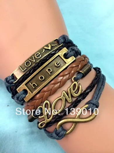Online Whole 2017 Trendy Brown Gray Leather Rope Bracelet Online Whole 2017 Trendy Brown Gray Leather Rope Bracelet Retro Plated Alloy Funky Letter Love Hope Infinity Women Men Cuff Jewelry Aliexpress
