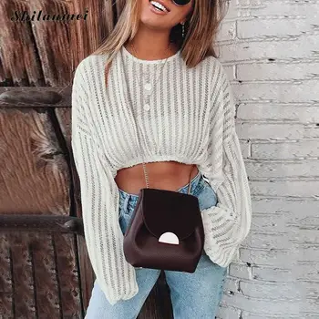 

2019 Autumn Winter Women Sweater Knitted Pullover High Street Casual Loose Solid Sweater Long Sleeve O-Neck Cropped Pullover