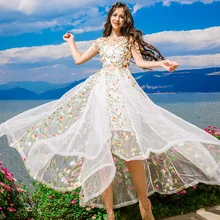 Embroidery Flower Fairy Female Mesh Lace Dress See-through Short Sleeve Summer Dress Woman Sunshine Beach Long Dress