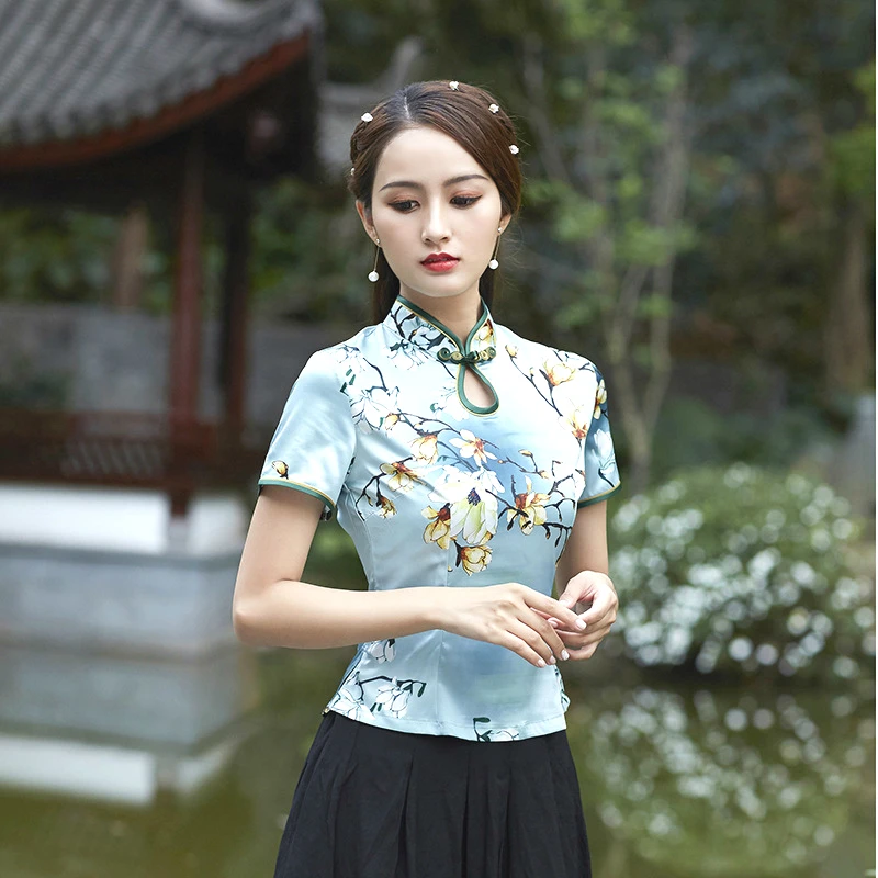 Tóxico Grupo Cantidad de dinero SHENG COCO de satén de seda blusa Cheongsam chino ropa de estilo Cheongsam  camisetas de impresión de flores rosa chino Cheongsam camisas de  verano|Parte alta| - AliExpress