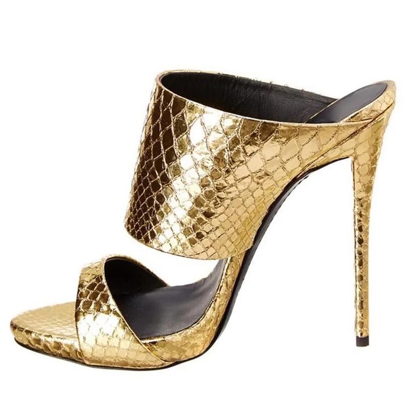 Gold Metallic Python Embossed Solid Ladies Slides Cool Summer Party Gold Mules High Heel Sandals