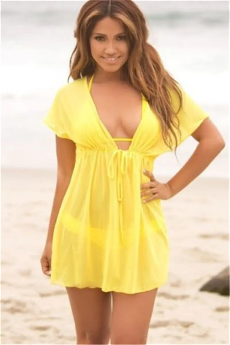 Летний женский шифоновый пляжный купальник, накидка, женское платье с v-образным вырезом, бикини, накидка, солнце, саронг, пляжная одежда - Цвет: F