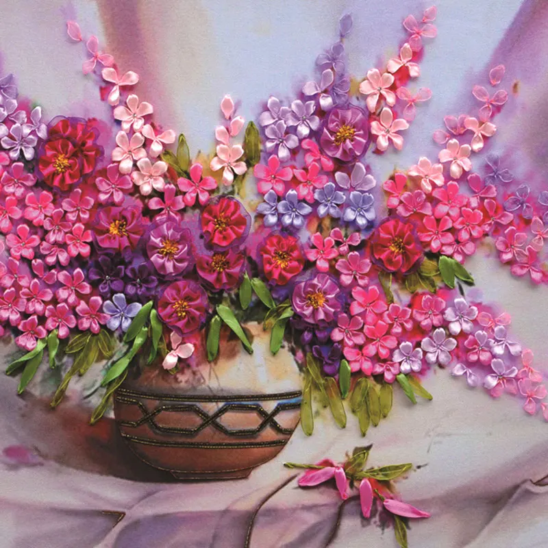 Vase flower cross stitch kit needlework Unfinished 3D DIY satin Ribbon embroidery painting stitching craft gift wall stickers | Дом и сад