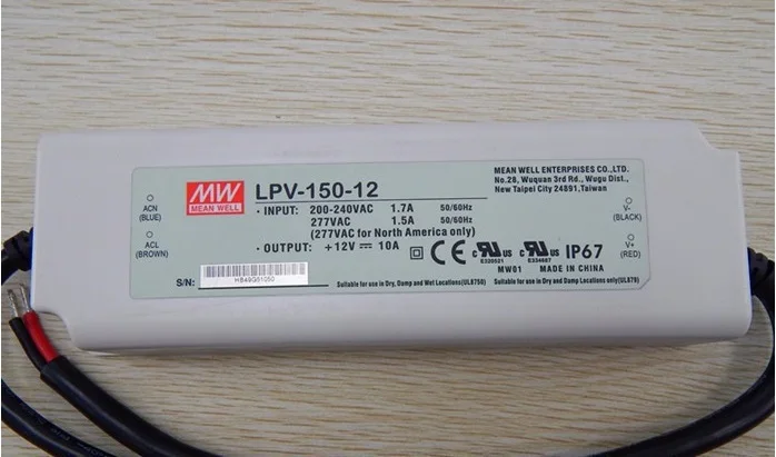 

waterproof LPV-150-12 MeanWell power supply for led light led driver power adapter 150W/12VDC Output - UL Rated+free shipping