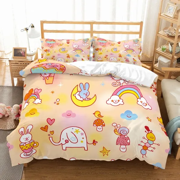 Cartoon Rainbow Kids Microfiber Bedding Set Duvet Cover Set Animals 3D Print Bed Linen Set Pillowcase Twin Full Queen Bedclothes - Color: Rainbow-2