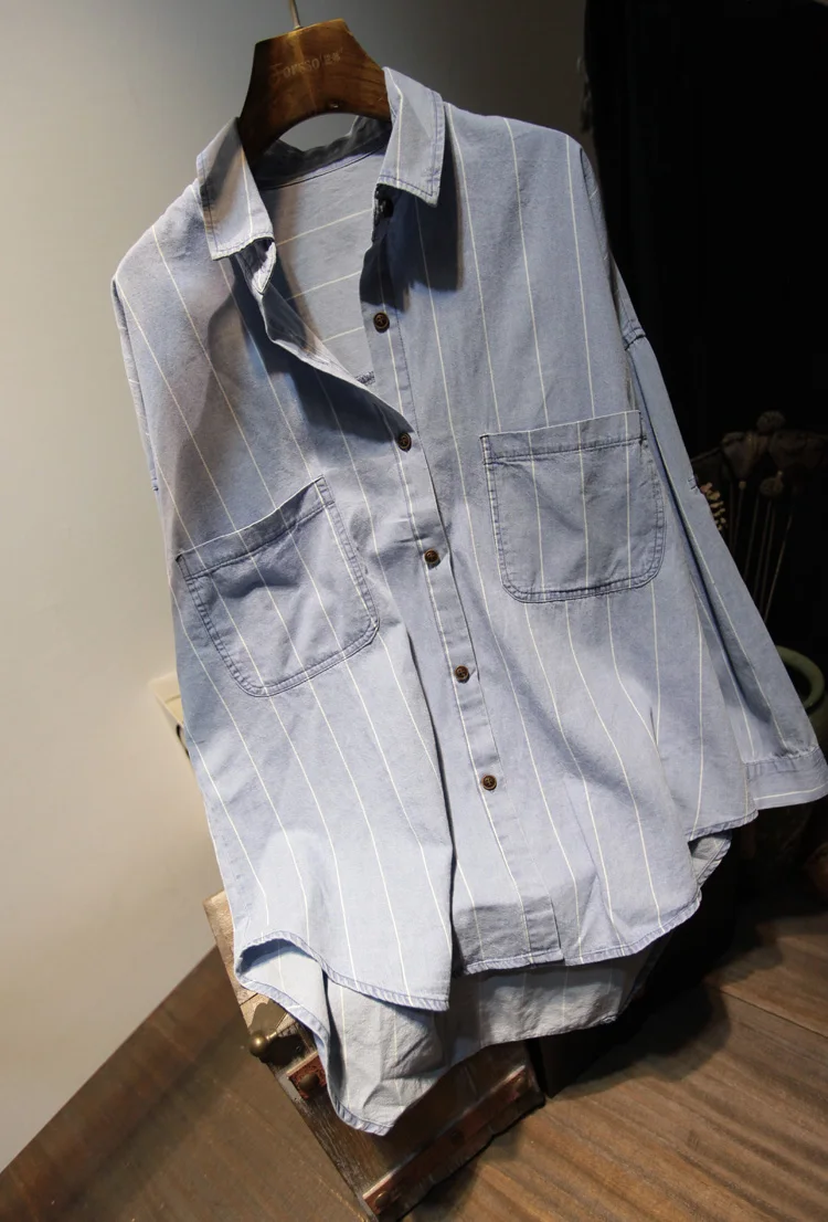 

Loose large size fashion stripe long-sleeved shirt women denim casual shirt