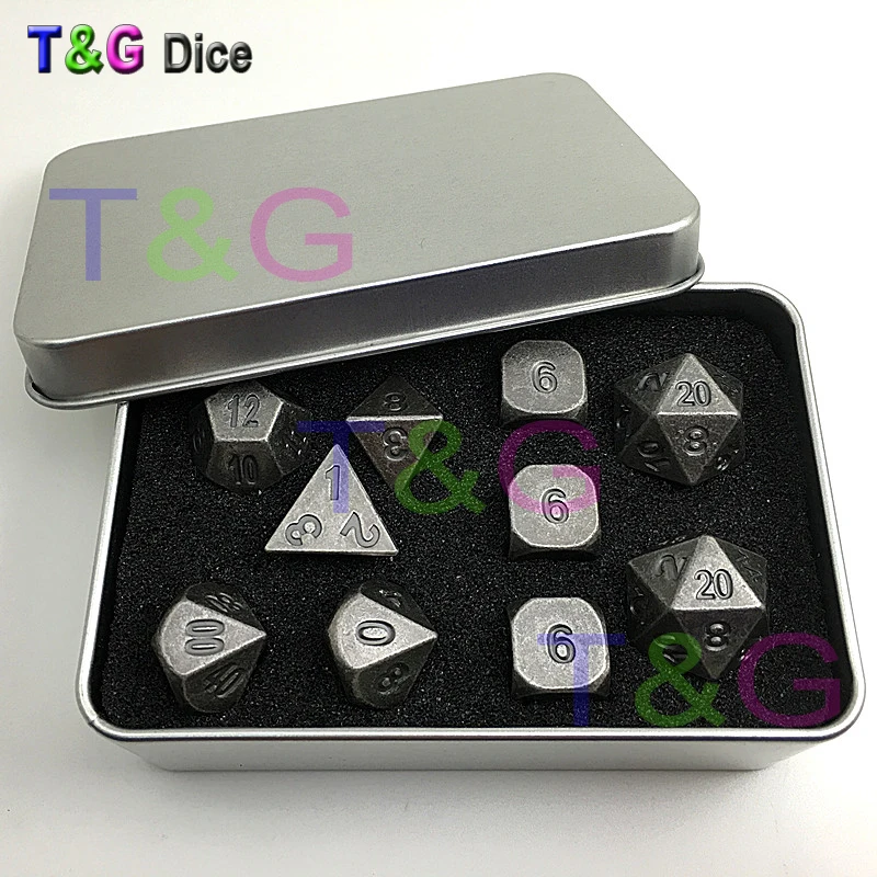 

10 polyhedral ancient silver dice set in custom chest Dungeons & Dragons