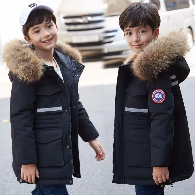 Boy's down jacket long section 2018 new Korean version of the big boy thickening large fur collar children's clothing jacke medium and large size girls down jacket new korean version of thickening parent child clothing warm hooded wool collar coat