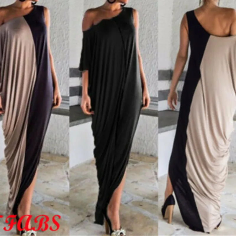 

Fashion Dress Womens One Off Shoulder Maxi Dress Spliced Short Sleeve Ladies Casual Loose Dress
