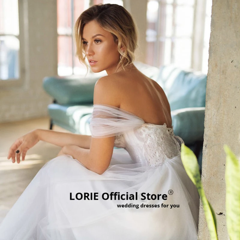 LORIE Long Train A-Line Lace up Wedding Dress 2019 Appliques with Tulle Bride Dress Off the shoulder Corset Wedding Gown Custom