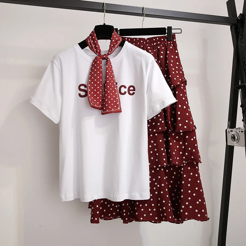 Женский летний комплект из двух предметов, футболка с буквенным принтом, топ и юбка в горошек с оборками, комплект из 2 предметов, комплекты одежды, Conjuntos Mujer