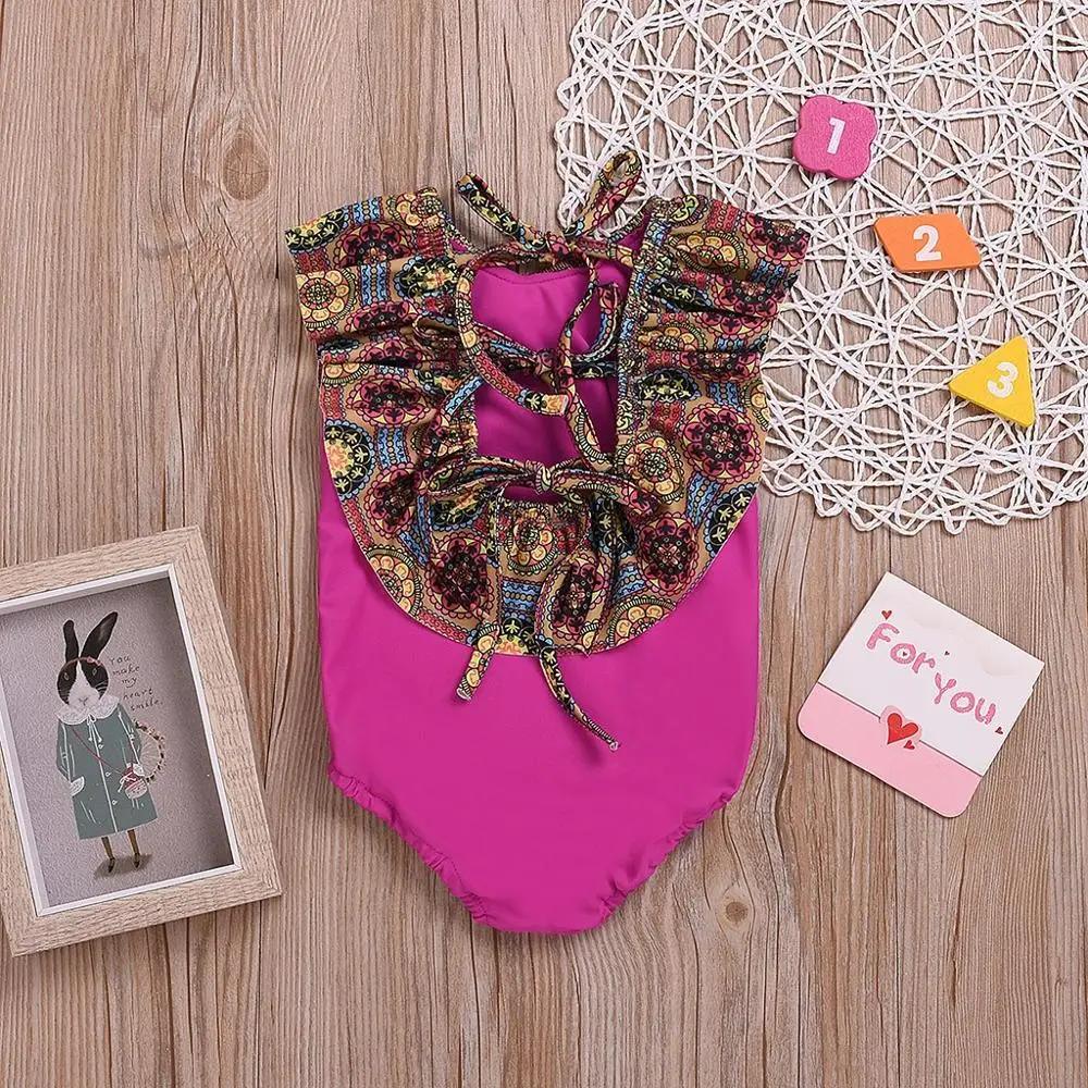 Детские купальники для девочек бикини без рукавов с оборками и принтом пляжный