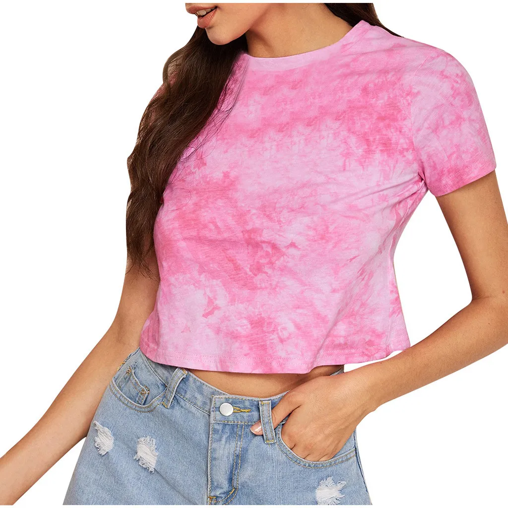 

Women pulovers short sleeve Hot Sale Fashion Women Summer O-Neck Short Sleeve Tie-dye Print Short Casual Top D300526