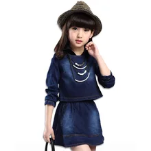 Fashion Autumn Girl Clothing Sets Denim Outfits Girls Clothes Sets Jeans Jackets +Shirt Patchwork Dress 2pcs Suits With Necklace Fashion Autumn Girl Clothing Sets Denim Outfits Girls Clothes Sets Jeans Jackets +Shirt Patchwork Dress 2pcs Suits With Necklace