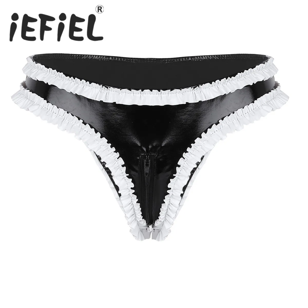 

Sexy Fashion Women Lingerie Wetlook Faux Leather Ruffled Trims Zipper Crotch High Cut Low Rise Mini Briefs Triangle Underwear