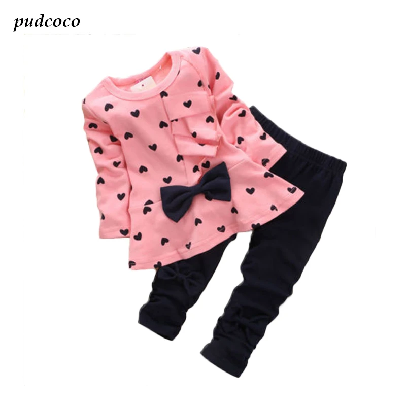 

Spring Autumn Kids Baby Girls Heart-shaped Bow SweaterTops+ Pants 2PCS Outfits cotton Clothes
