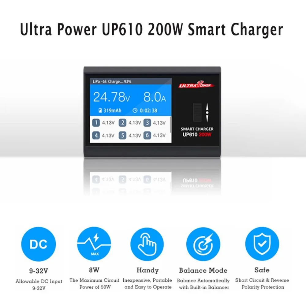 

Ultra Power UP610 200W Pocket Smart Charger for RC AIRPLANE Quadcopter Car 1-6S Lipo Battery 1-16S NiCd/ NiMH Battery Charger ht