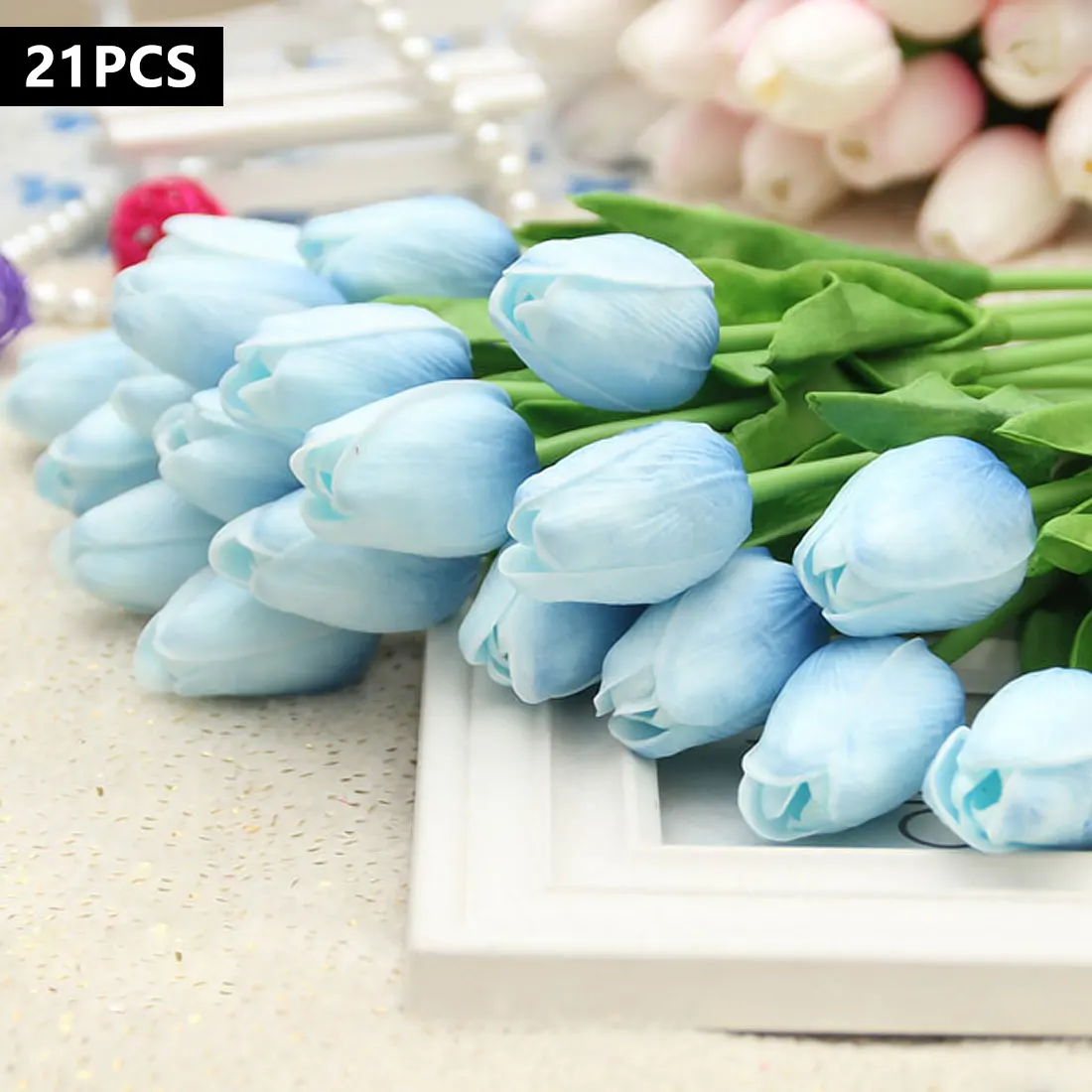 21 шт./лот, искусственный цветок тюльпана, искусственная кожа, латексный букет, настоящие на ощупь цветы для дома, свадебные декоративные цветы, венки - Цвет: Blue