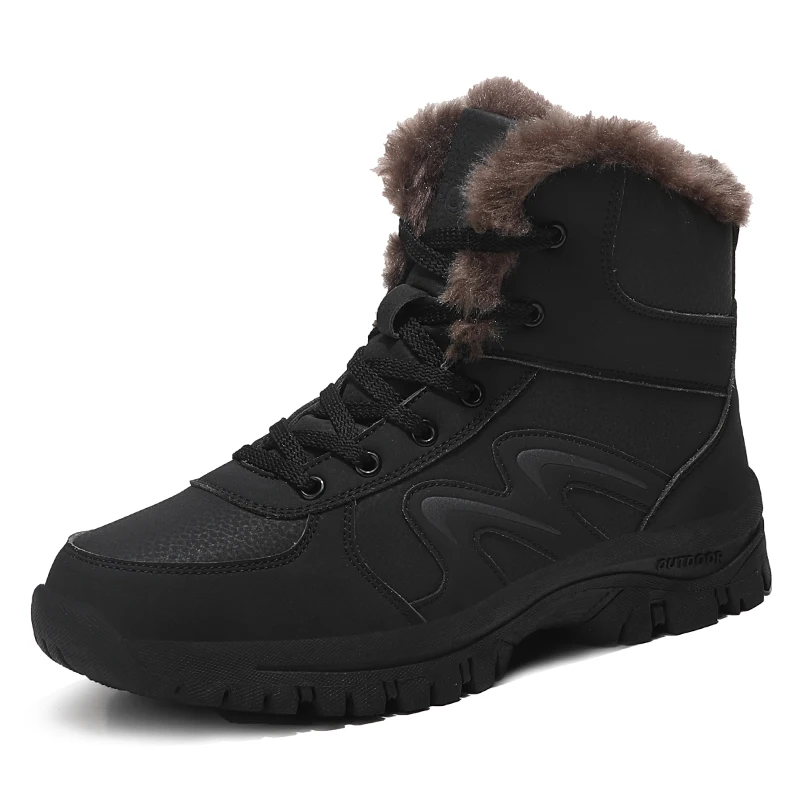 Мужские зимние ботинки дизайнерские Брендовые мужские ботильоны очень теплая водонепроницаемая обувь на меху, нескользящая уличная походная обувь рабочие ботинки на шнуровке - Цвет: Черный