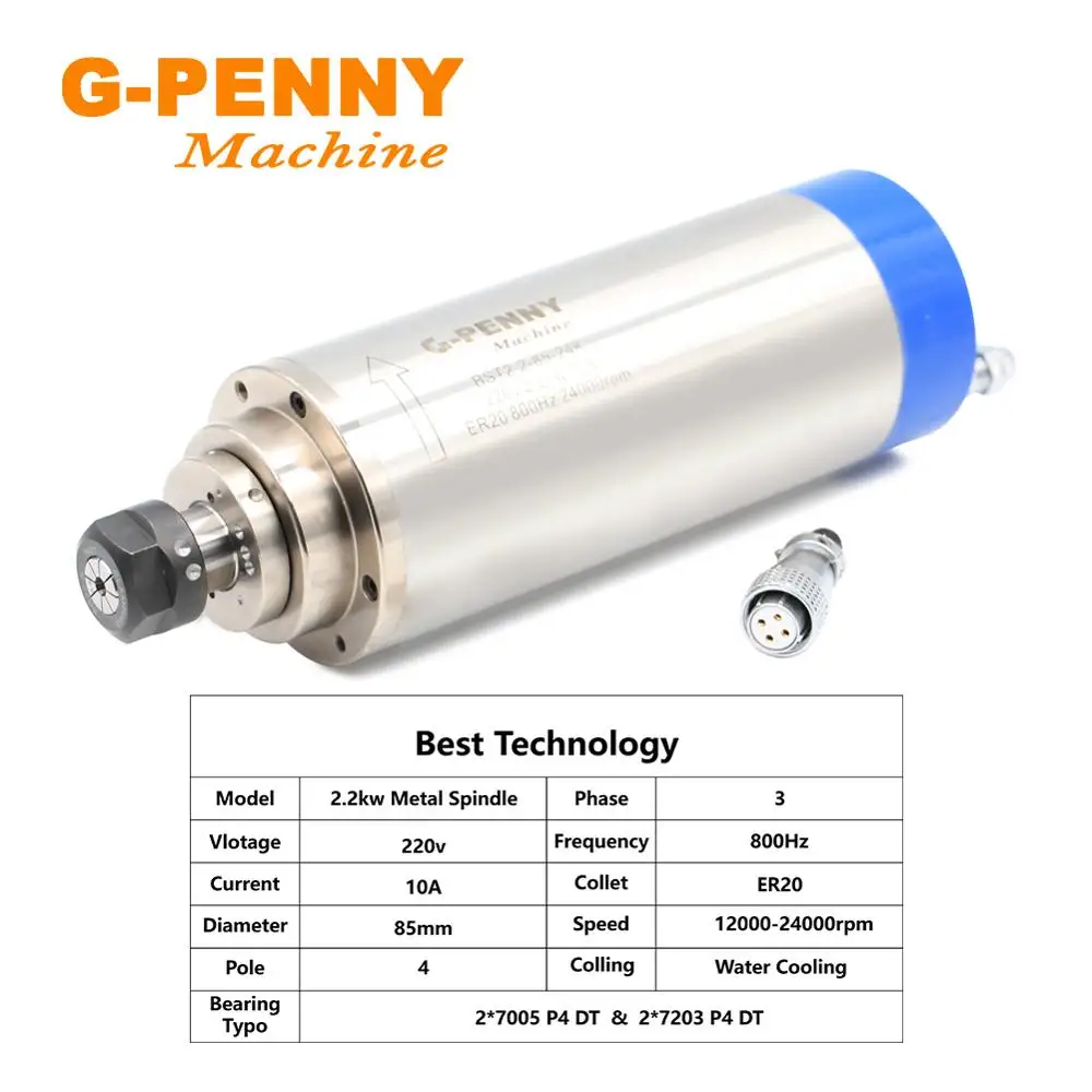 G-penny CNC spindle motor 2.2kw ER20 Metal Spindle water cooled 800Hz Pole=4 Used for metal,iron,stainless steel water cooling