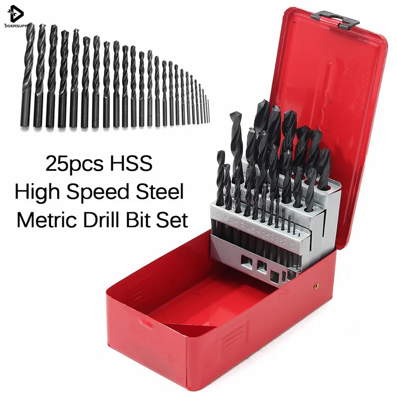 

Doersupp 25Pcs 1mm-13mm HSS Hex High Speed Steel Metric Drill Bit Set Thread Spiral Screw For Metal Case Power Tool Gold Black