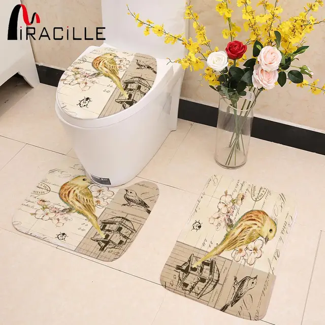 Miracille Chinese Vintage Birds Printed Warmer Rug Toilet Seat Cover Bathroom Mat Set 3pcs Decorations for Home New Year Decor