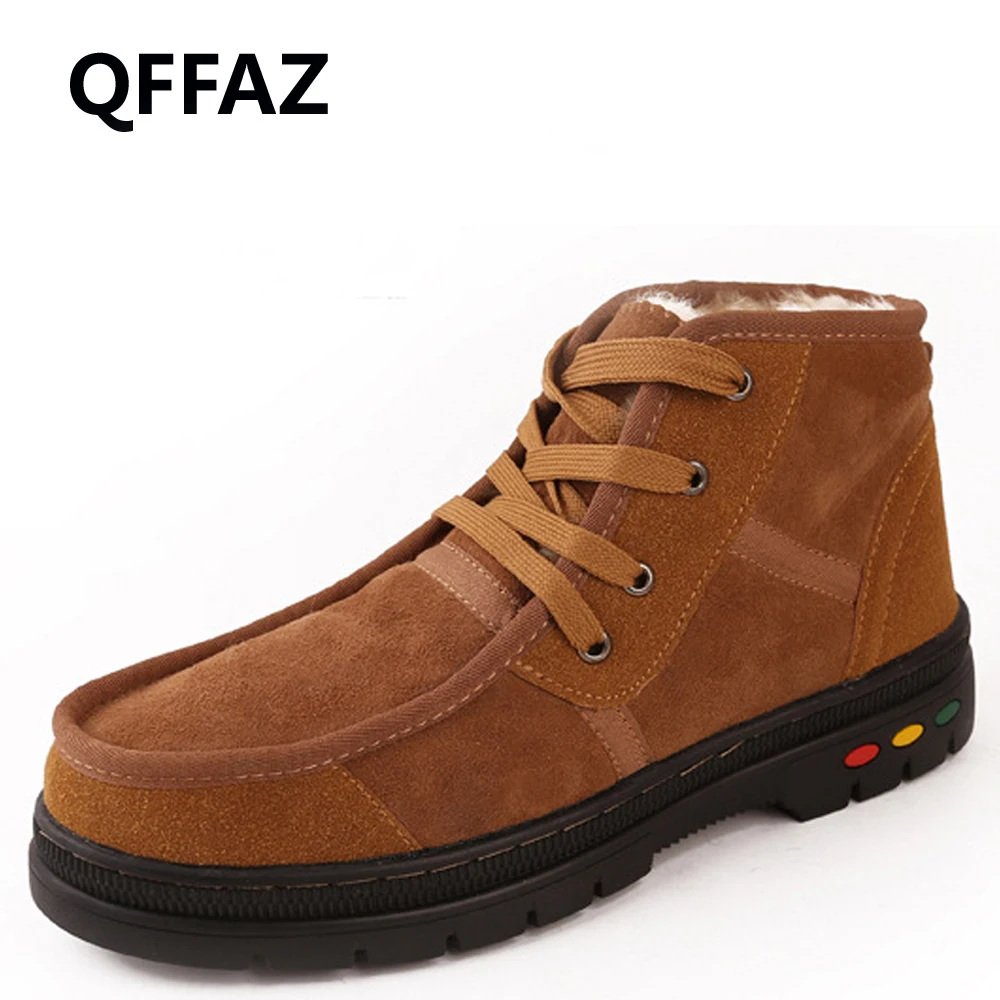 Зимние ботинки QFFAZ Мужская модная зимняя обувь из флока на меху мужская кожаная