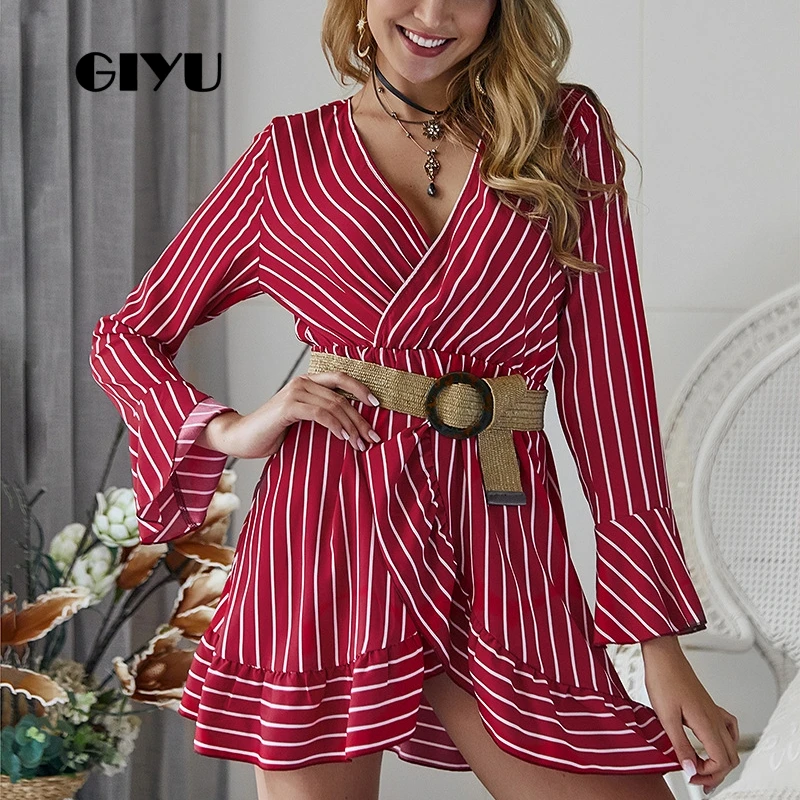 

GIYU Summer Women Wrap Short Dress Srtriped Printed Mini Dresses Holiday Vestido Sexy Long High Waist Ruffles robe femme