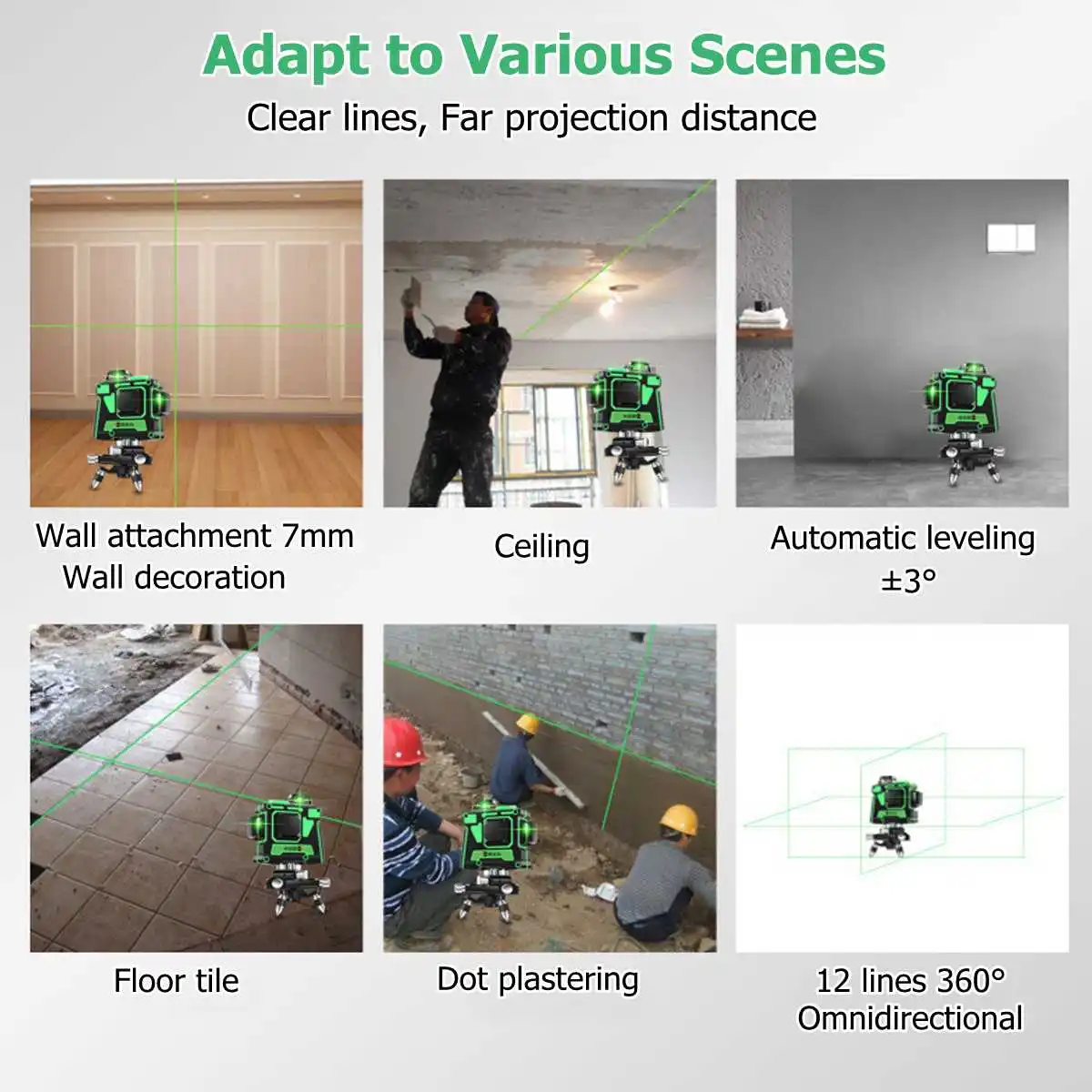 3D 12 Lines Adjustable Laser Levels 360 Self Leveling Horizontal Vertical Cross Green Laser Waterproof Beam Measuring Equipment