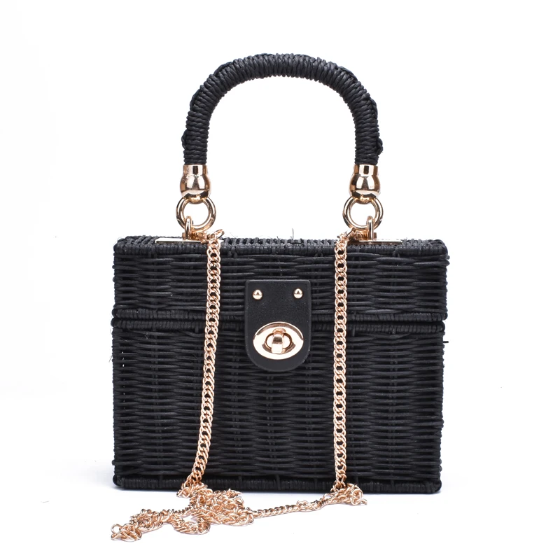 New rattan black straw Shoulder Bag Women hand-woven Messenger Bag Summer Beach Square box Straw Handbag For lady Bolsa Feminina New rattan black straw Shoulder Bag Women hand-woven Messenger Bag Summer Beach Square box Straw Handbag For lady Bolsa Feminina