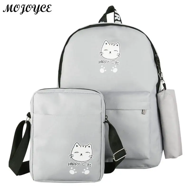 

3 Pcs/Set Casual Women Backpack Cartoon Cat Print Canvas Backpack Summer Travel Shoulder Schoolbag For Teenager Girls 2018 New