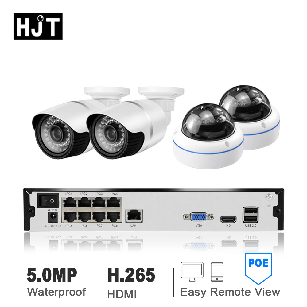 

HJT 8CH POE NVR Kit Network Camera H.265 POE 2 bullet cameras+2 Dome CCTV Camera Night Vision Security Surreillance Onvif 2.4