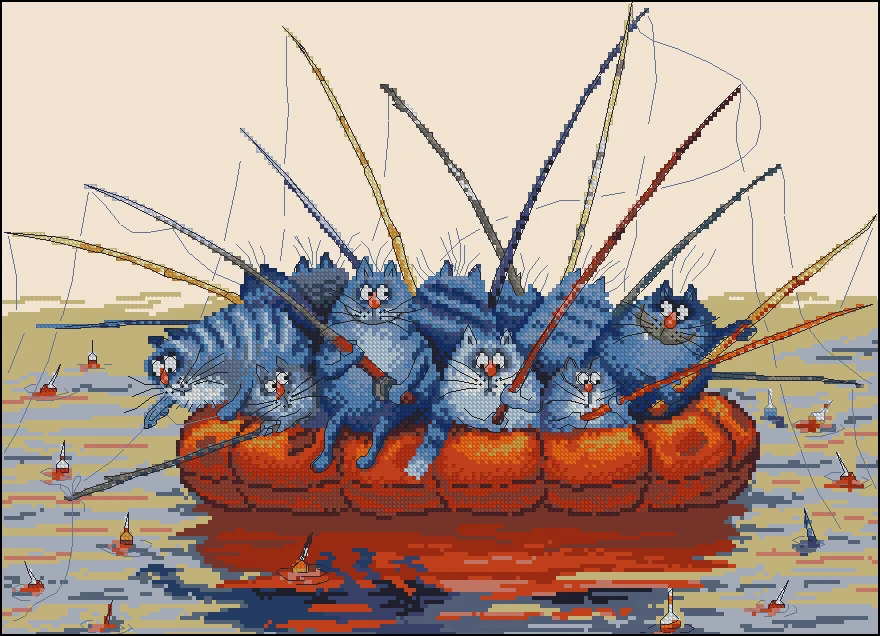 cs-2176 Cross Stitch Kit Funny Blue Cats Fishing Cat in the Llake