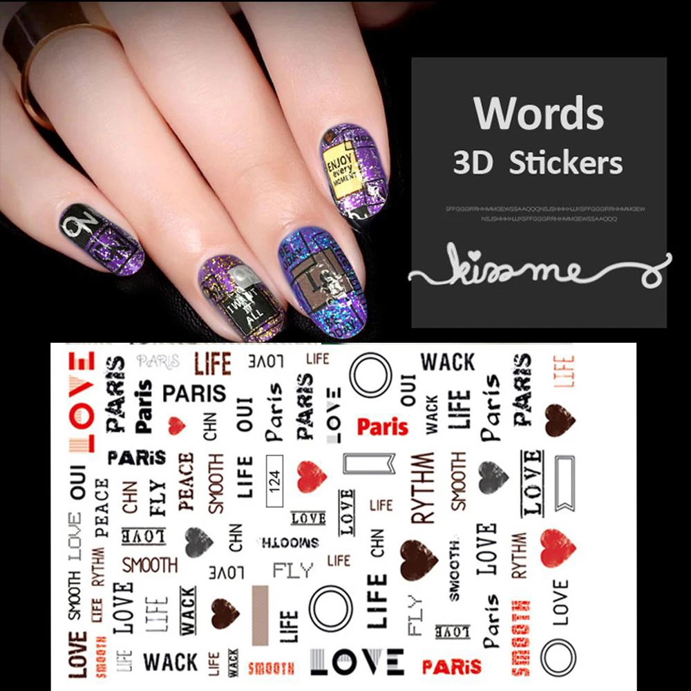 

1Sheet 3D Stickers Letter Words Stamp Full Cover Alphanumeric Nail Art Waterproof Sticker Decals Manicure Decor Nail Accessories