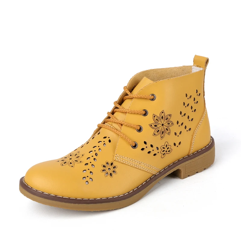 WeiDeng/ботильоны из натуральной кожи с перфорацией типа «броги» в байкерском стиле; женская зимняя модная классическая обувь на плоской подошве в стиле ретро; большие размеры - Цвет: 2825 Yellow