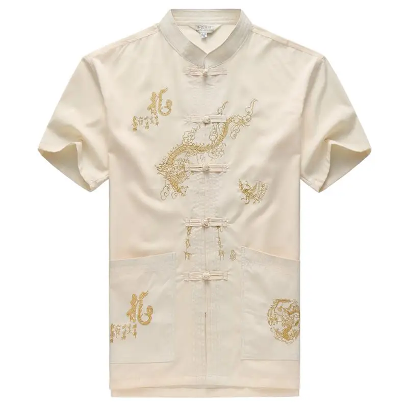 

Shirts Mens Short sleeve Blouse Men Dragon pattern Stand collar Casual Chinese style Mens Dress Shirts