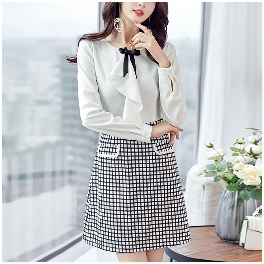 

Autumn Spring Women Office Style Dress 2018 New Bow Ruffle Long Sleeve Plaid Patchwork Plus Size Slim Party Dresses Vestidos