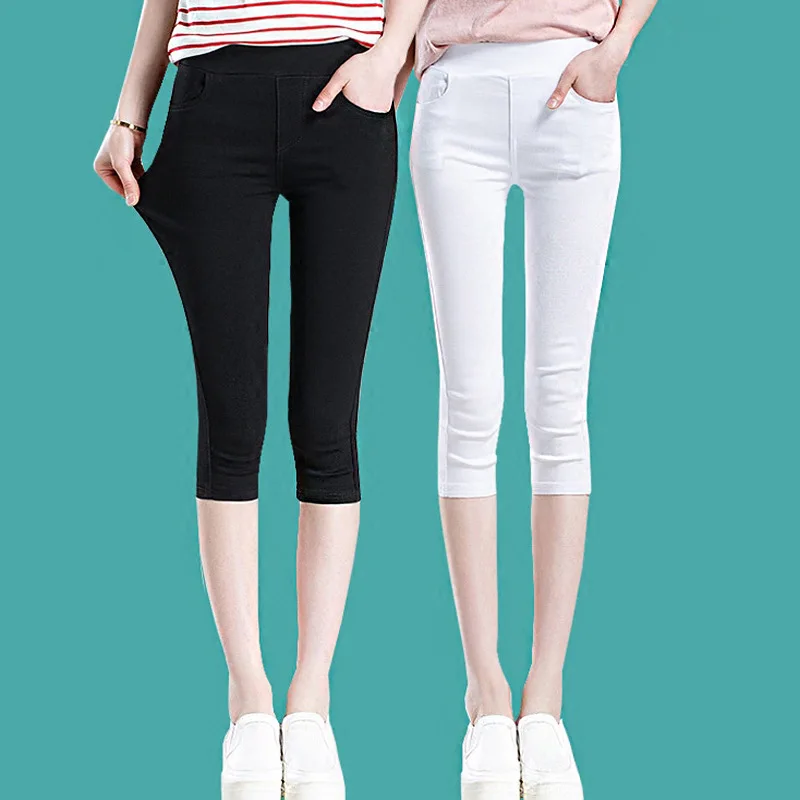 

Women's Plus Size Summer Skinny Capris Elastic Waist Leggina Stretch Knee Length Legging 3/4 Pencil Pants Crops For Female