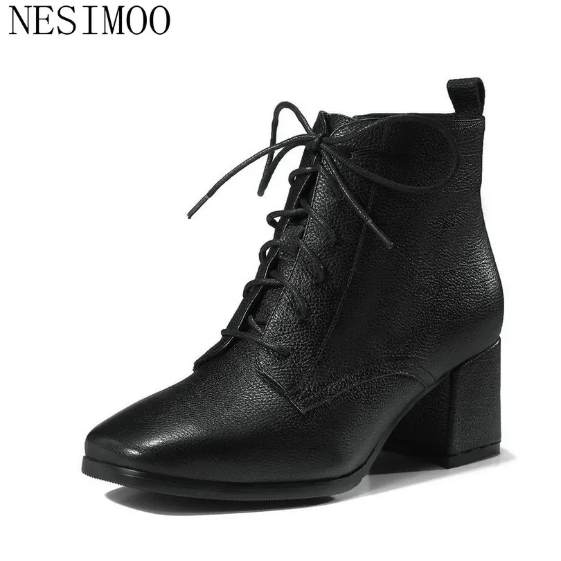 

NESIMOO 2019 Cow Leather +PU Winter Women Ankle Boots High Heel Pointed Toe Lace Up Platform Women Motorcycle Boots Size 34-39
