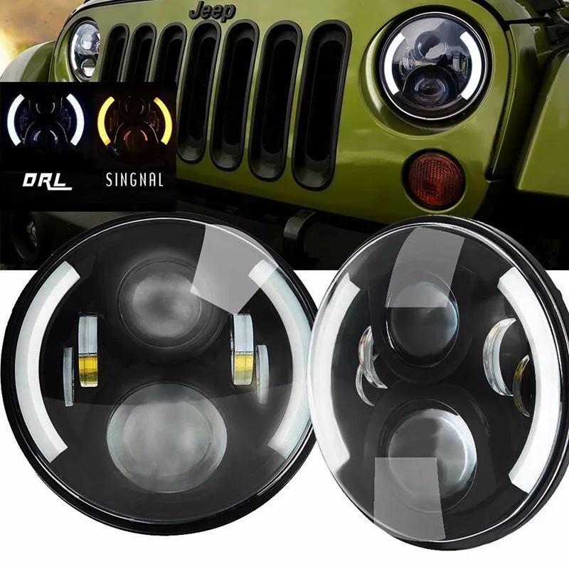 CREE 7 Jeep Wrangler JK Projector Headlight Angel eye 60W Jeep Led Headlight Bulb Functional DRL White Halo  Amber turn singal High Low Beam Fit For JK CJ TJ LJ Hummer H1 H2