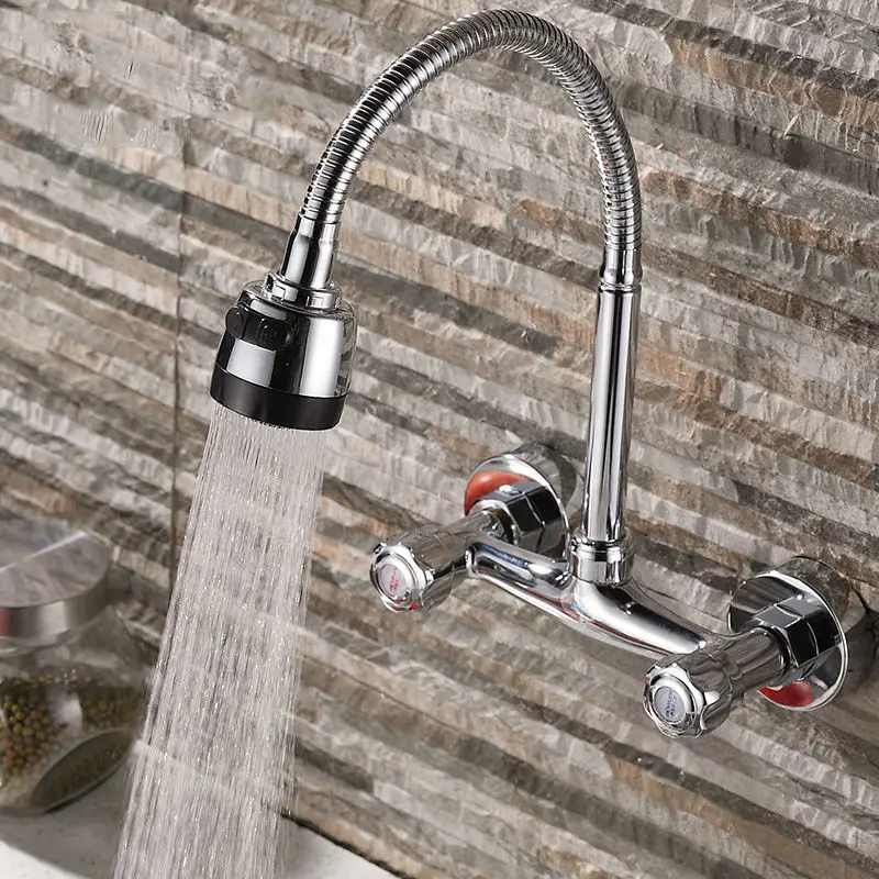 

Brass wall mounted hot and cold water faucet can be 360 degree rotation for dish basin hot and cold dual hole dual handle faucet