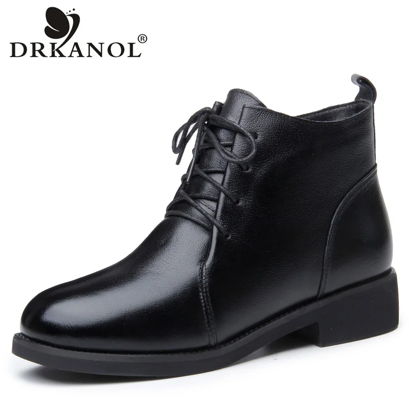 

DRKANOL Women Martin Boots Genuine Leather Round Toe Square Heel Ankle Boots Women Winter Warm Snow Boots Casual Leather Shoes
