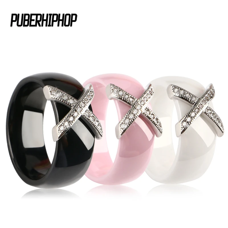 

Fashion Jewelry Women Ring With AAA Crystal 8 mm X Cross Pink Black White Ceramic Rings For Women Men Plus Big Size Wedding Ring