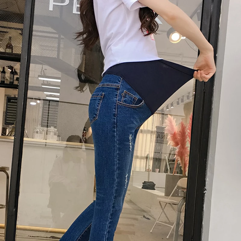 

Summer Spring Maternity Belly Jeans Elastic Waist Hole Stretch Denim Pants Clothes for Pregnant Women Pregnancy Trousers