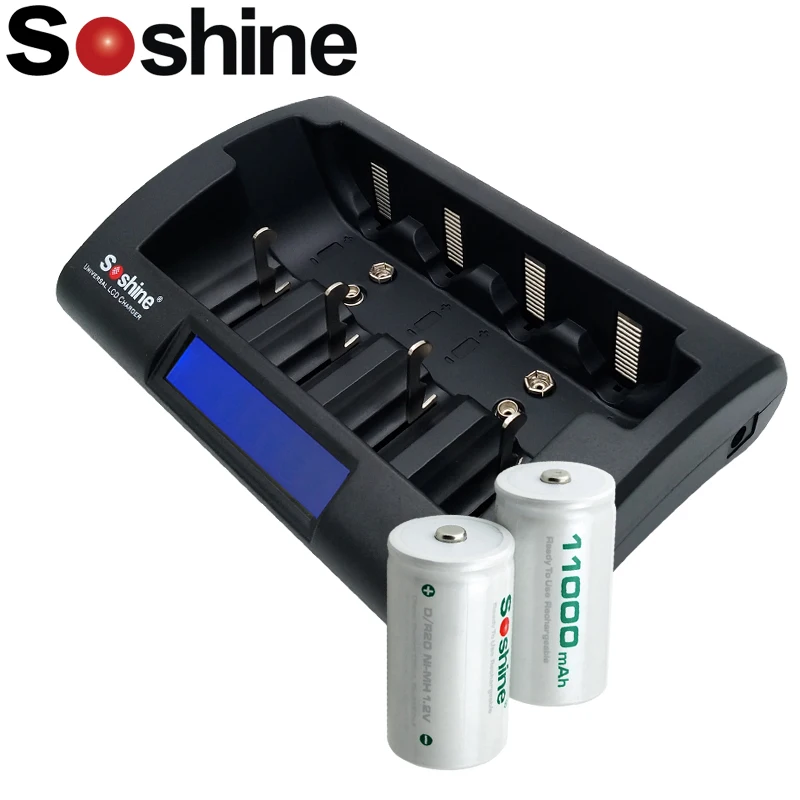 2 шт Soshine D/R20 размер аккумуляторные батареи NiMH 11000mAh Высокое качество с Ni-MH/Ni-Cd AA 9V D C зарядное устройство