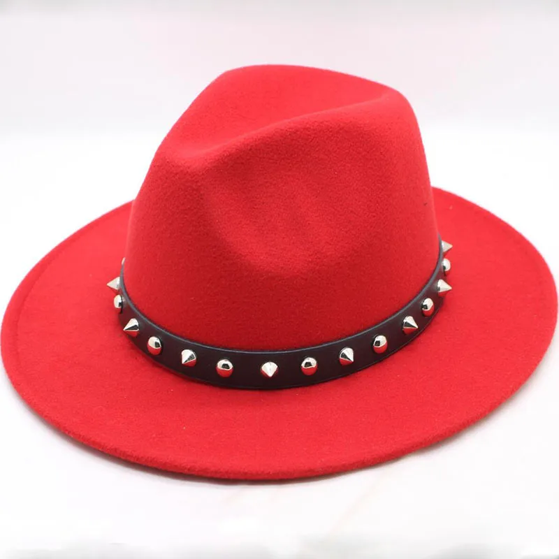 Осень зима шерстяной ремень пряжка джазовый Топ шапка для Для женщин чувствовал мягкая фетровая шляпа с широкими полями шляпа Laday котелок Картежник Top Hat - Цвет: red