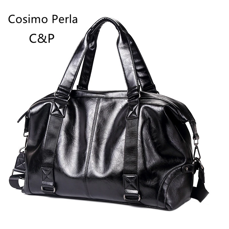 

Korean Large Capacity Men's Travel Bags Businese Hand Luggage Black Waterproof PU Leather Duffel Workout Luxury Design Weekender