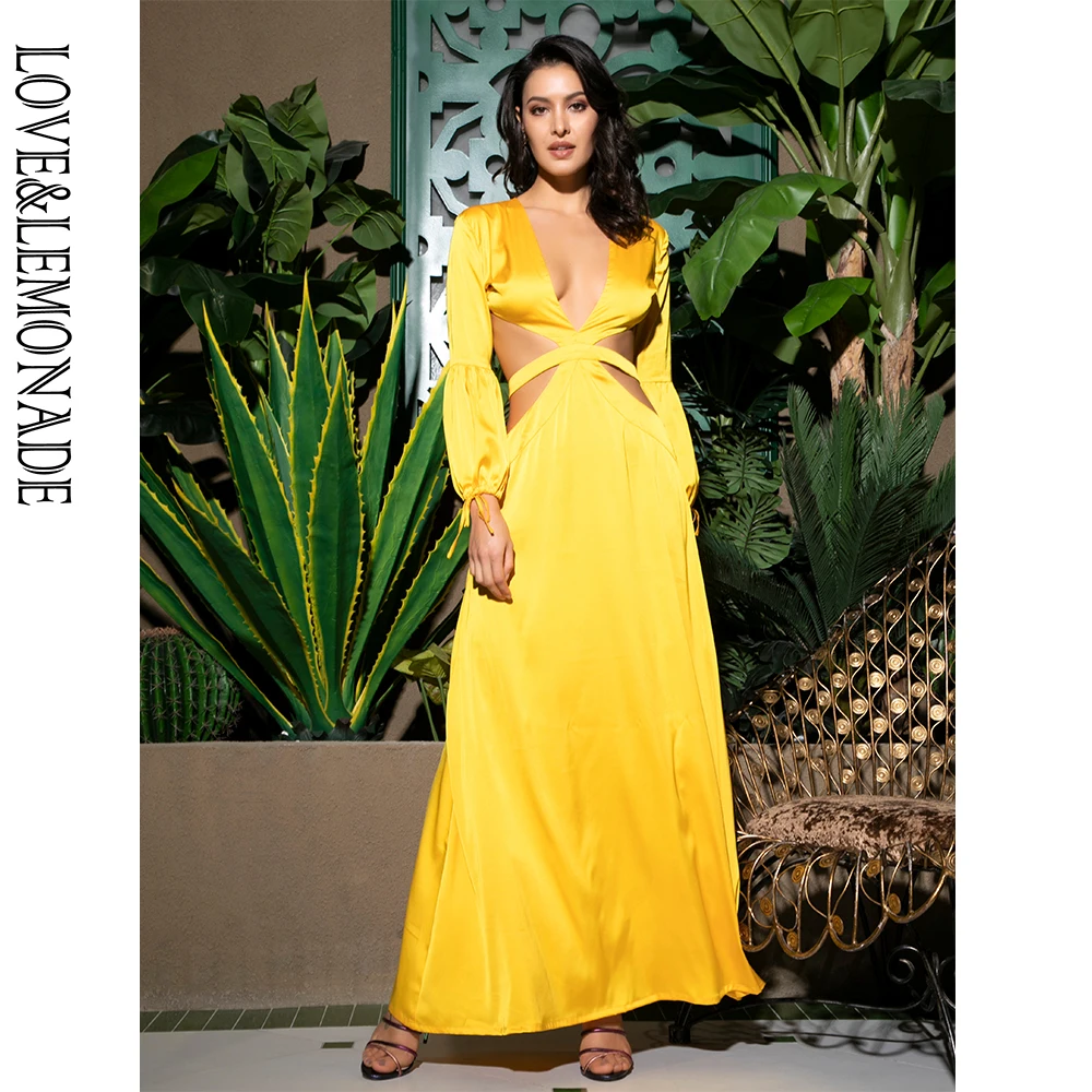 

LOVE&LEMONADE Sexy Yellow Deep V-Neck Cut Out Open Back Lantern Long-Sleeved Beach Maxi Dress LM81831